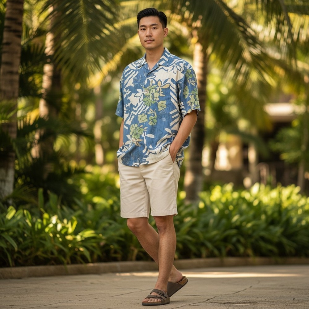 Tori Richard Silk Hawaiian Shirt L Blue Floral Jacquard Short Sleeve Resort
